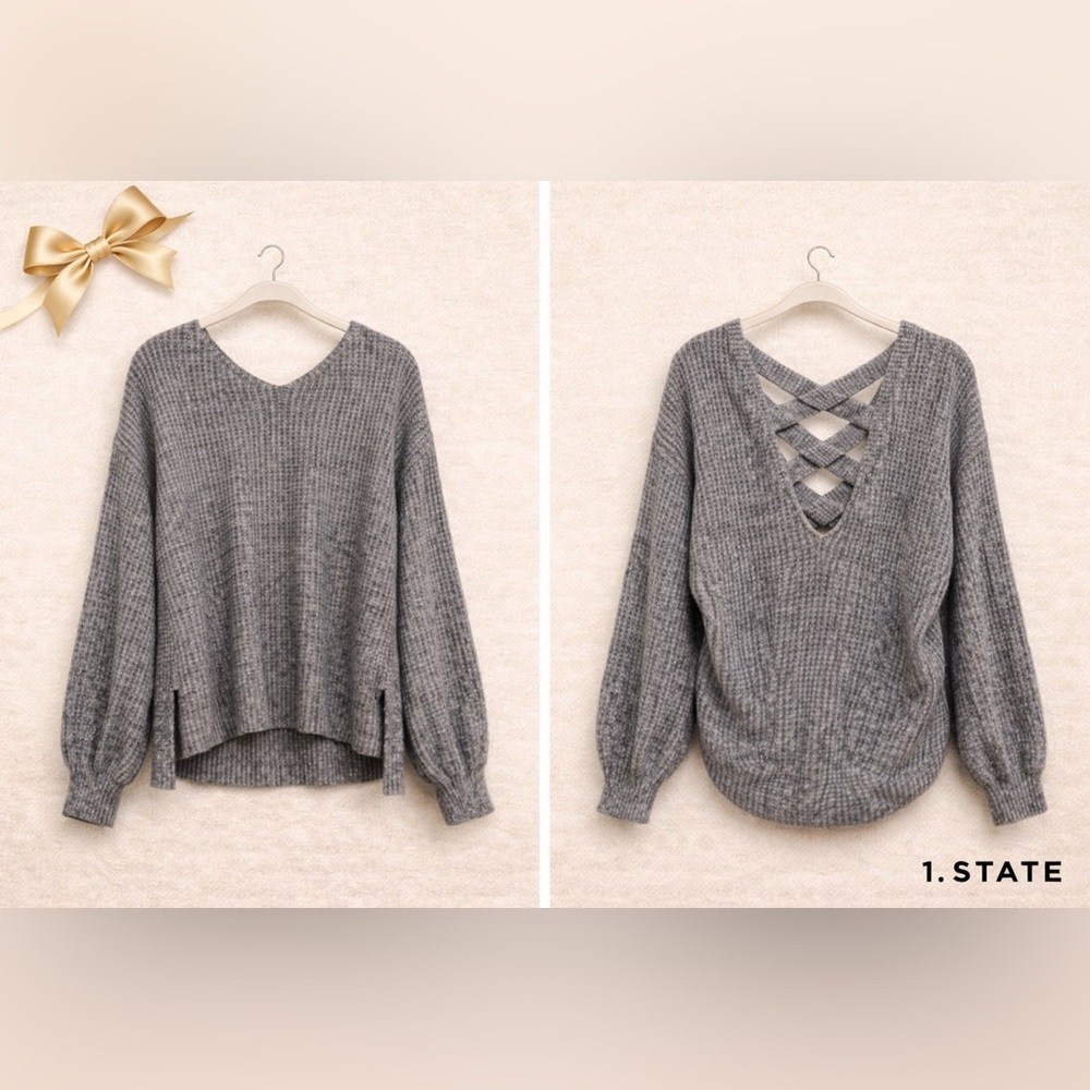 1.State Waffle Knit Sweater Gray Scoop Neck Lattice Criss Cross Back Open Size S